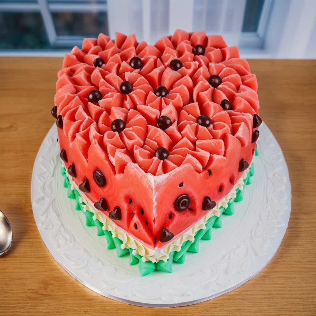 on a wooden table, a cream cake in the form of a heart, in shape of watermelon, the lower part of the cake is made of green cream whirls, reproduces the texture of a watermelon, a cream layer of fresh, juicy white m'yakotia. The top layer consists of red cream, on top of which watermelon seeds are poured, made of polymer clay, window light, bright lights, soft light, window light, professional lighting, light from the window, neat light, realistic texture, realistic style, detailed texture, high quality, high resolution, high quality rendering, realistic photo, brightning light, macro photo
