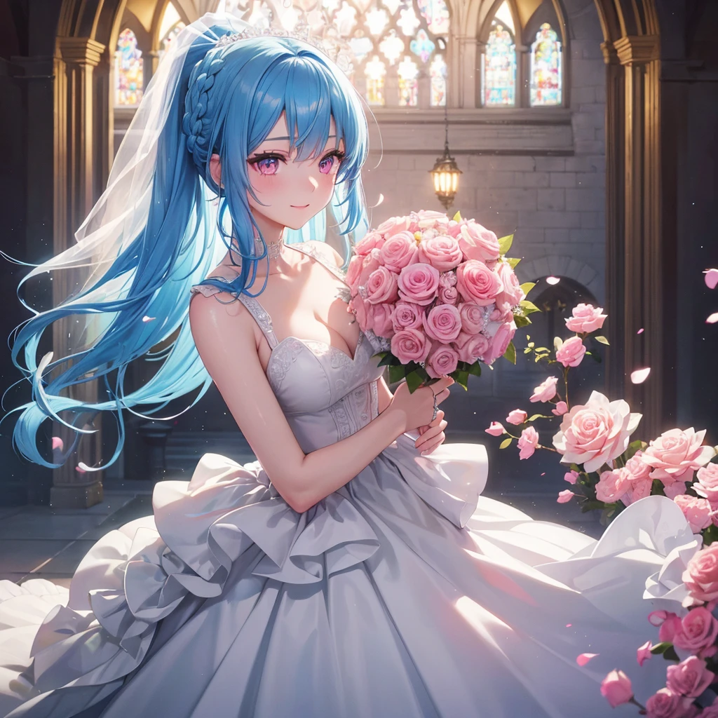 Sky blue hair, (One braided ponytail),(Pink Eyes),Fair skin ,(whole body),(One girl),bride,A big smile,Straight bangs, 6月のbride,Wedding dress,(masterpiece, Highest quality, Very detailed, Best Shadow), (Detailed Background), (Beautifully detailed face), High Contrast, (Best lighting, Very delicate and beautiful), ((Cinematic Light)), colorful, Hyper Detail, Dramatic Light, Intricate details,Chapel background,A bouquet of roses in the right hand,Ring on left ring finger,