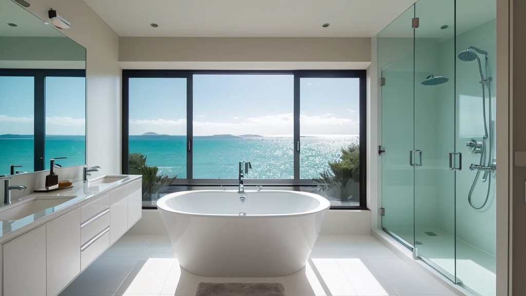 I need a photo of the bathroom scene,The bathroom has a glass window,Amazing sea views,The bathroom must have a bathtub,toilet,Vanity top,minimalist bathroom towel scene,The main color is natural color