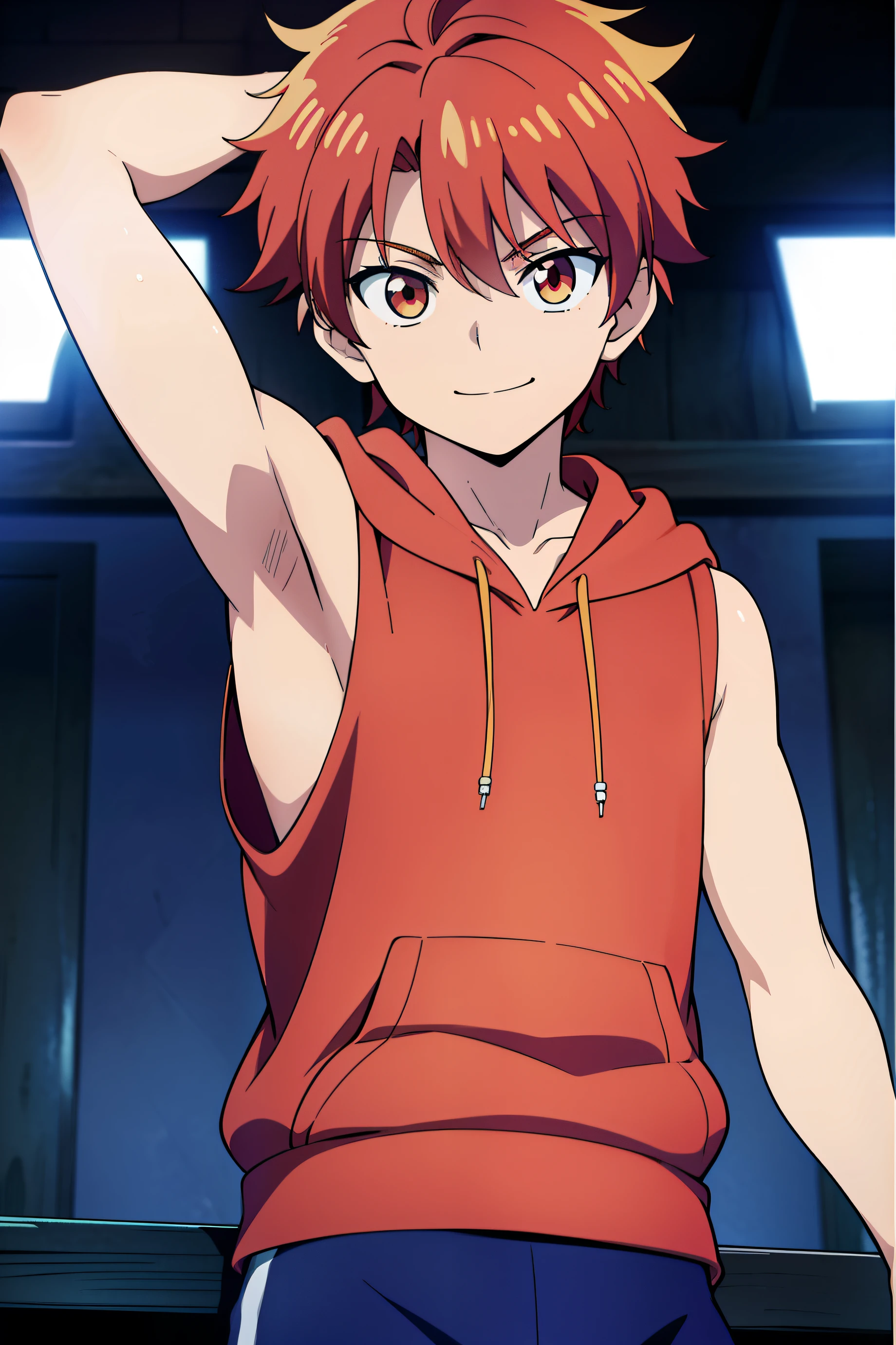 Highres, Masterpiece, Best quality at best,Best Quality,hight quality, hight detailed, Anime style, 1boy, Shota, young boy, Solo person, red hair, smile, Stright hair, (Sleeveless hoodie), Bare shoulder, Seen from the front, look at viewer, upper body, (very young boy), (very small and short body), (Showing armpit:1.3), Such a cute smooth armpit, The armpits of a 12 year old boy, Adorable little armpits, Give me a proportional picture of a 12 year old boy's armpits, ***************s, uhd, Wall beckground, bokeh