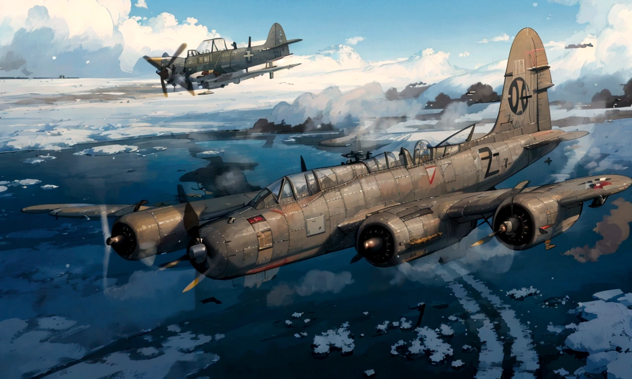 In the sky over a winter landscape, a severely damaged B-17 Flying Fortress, riddled with bullet holes and smoke trailing from its engines, is flying with difficulty. Beside it, a smaller German Bf 109 fighter plane is flying in formation. The pilot of the Bf 109 is saluting the B-17. Below them, the ground is covered in snow, reflecting the cold and harsh conditions of winter. The scene captures a poignant and emotional moment, highlighting an unexpected act of compassion during the chaos of World War II.