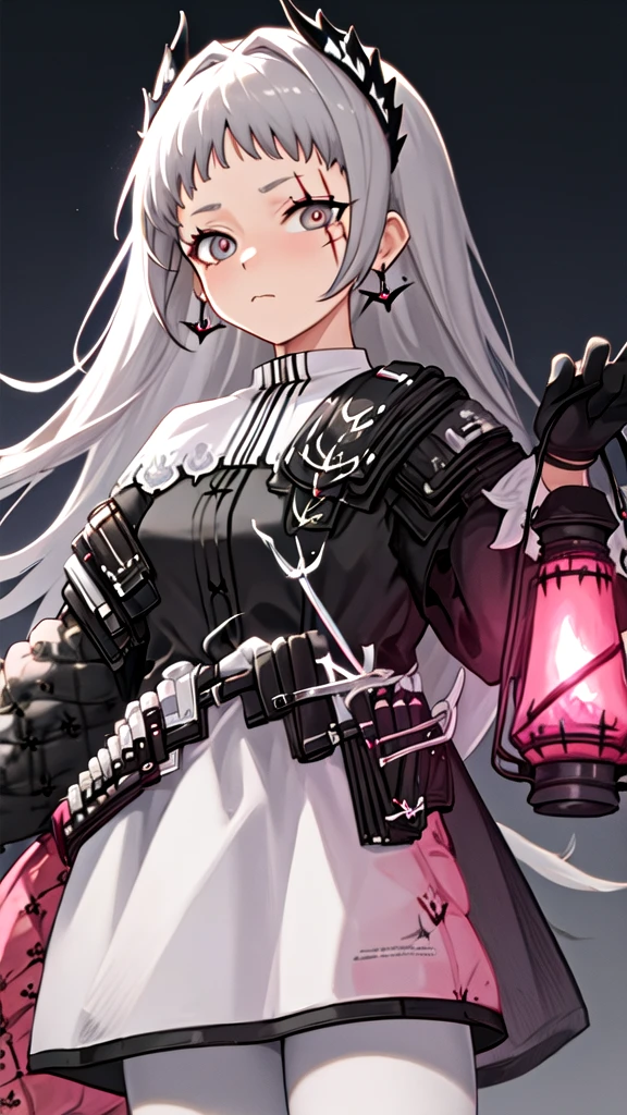 best quality, masterpiece, highres, solo, {irene_arknights:0.90}, 1girl, black_gloves, black_jacket, holding_lantern, long_sleeves, scar, sword, white_skirt, gun, looking_at_viewer, jewelry, sheathed, white_pantyhose, ammunition_belt, closed_mouth, cowboy_shot, black_dress