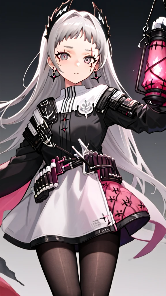 best quality, masterpiece, highres, solo, {irene_arknights:0.90}, 1girl, black_gloves, black_jacket, holding_lantern, long_sleeves, scar, sword, white_skirt, gun, looking_at_viewer, jewelry, sheathed, white_pantyhose, ammunition_belt, closed_mouth, cowboy_shot, black_dress