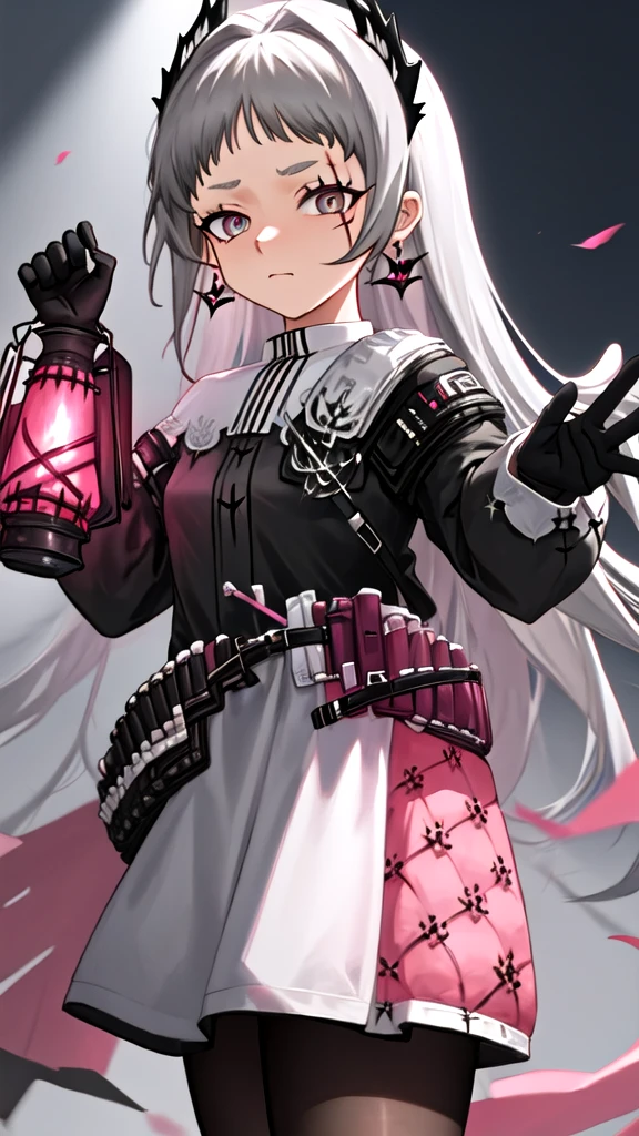 best quality, masterpiece, highres, solo, {irene_arknights:0.90}, 1girl, black_gloves, black_jacket, holding_lantern, long_sleeves, scar, sword, white_skirt, gun, looking_at_viewer, jewelry, sheathed, white_pantyhose, ammunition_belt, closed_mouth, cowboy_shot, black_dress