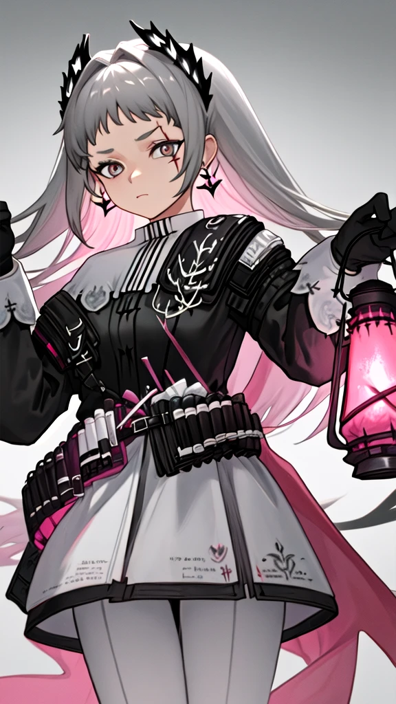 best quality, masterpiece, highres, solo, {irene_arknights:0.90}, 1girl, black_gloves, black_jacket, holding_lantern, long_sleeves, scar, sword, white_skirt, gun, looking_at_viewer, jewelry, sheathed, white_pantyhose, ammunition_belt, closed_mouth, cowboy_shot, black_dress