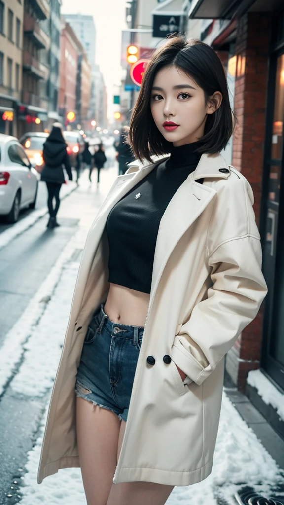 best quality, 4K, 8K, Delicate face, Clear face, pretty girl, Korean Makeup, Red lips, lol, Perfect body,Shoulder-length black short straight hair,Small Breasts,thigh,Slim,Thin, The girl wore a long and wide coat, Under the jacket is a top tube and tight shorts, Lower abdomen, Snow Scene, winter, street,