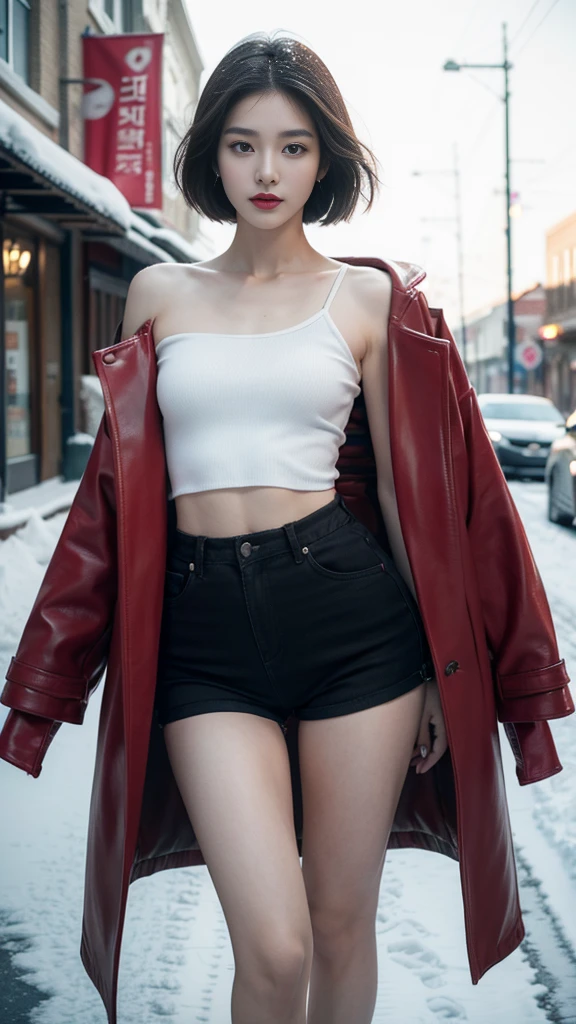 best quality, 4K, 8K, Delicate face, Clear face, pretty girl, Korean Makeup, Red lips, lol, Perfect body,Shoulder-length black short straight hair,Small Breasts,thigh,Slim,Thin, The girl wore a long and wide coat, Under the jacket is a top tube and tight shorts, Lower abdomen, Snow Scene, winter, street,