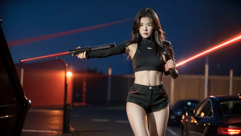 (best quality,highres,masterpiece:1.2),ultra-detailed,realistic,spy sexy beautiful girl, black shinny slip body suit,((shortgun in hand:1.2)),(open v chest clothes:1.2), ((red color shinny thigh-high shorts:1.2)),(big boobs), war background,professional,physically-based rendering,vivid colors,sharp focus,detailed facial features,expressive eyes,elegant pose,dynamism,atmospheric lighting,explosions,smoke,action-packed,high-intensity,adrenaline-fueled,bullet shells,powerful stance,secret agent,stealthy,confident presence,grim determination,dangerous mission,secrets,espionage,nighttime,laser sights,adventure,thrilling suspense,lethal weapons,intense combat scene, sexy, very sexy, nsfw,