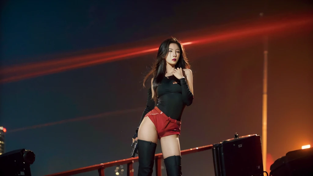 (best quality,highres,masterpiece:1.2),ultra-detailed,realistic,spy sexy beautiful girl, black shinny slip body suit,((shortgun in hand:1.2)),(open v chest clothes:1.2), ((red color shinny thigh-high shorts:1.2)),(big boobs), war background,professional,physically-based rendering,vivid colors,sharp focus,detailed facial features,expressive eyes,elegant pose,dynamism,atmospheric lighting,explosions,smoke,action-packed,high-intensity,adrenaline-fueled,bullet shells,powerful stance,secret agent,stealthy,confident presence,grim determination,dangerous mission,secrets,espionage,nighttime,laser sights,adventure,thrilling suspense,lethal weapons,intense combat scene, sexy, very sexy, nsfw,