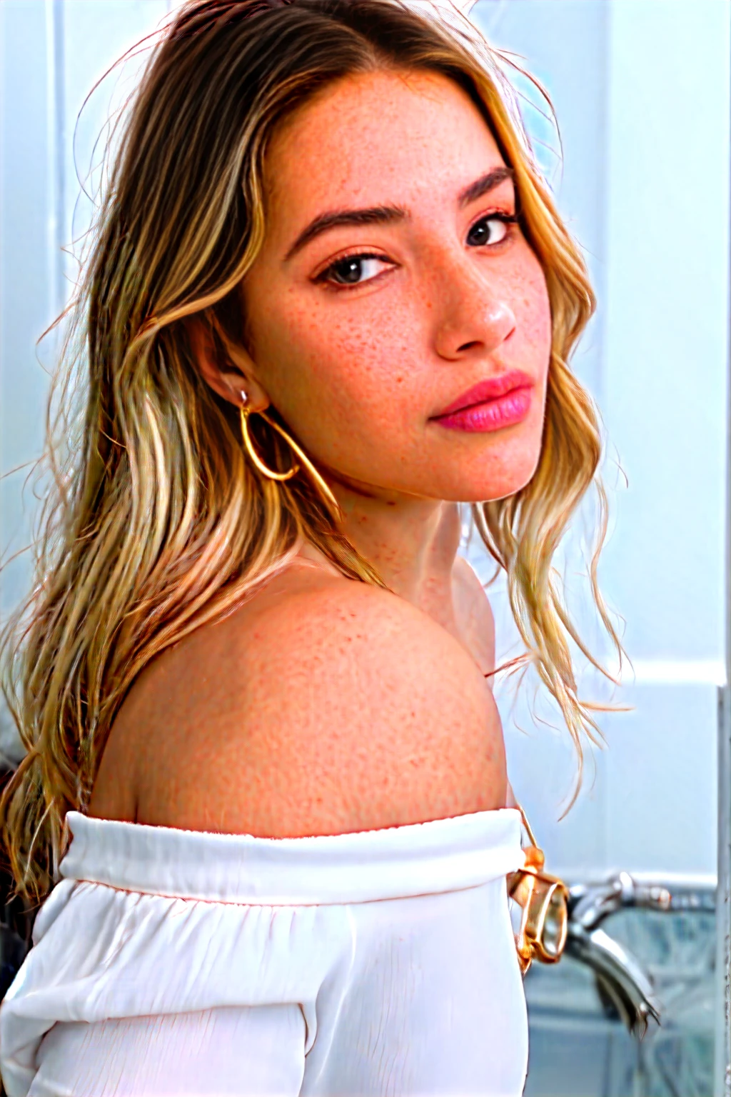 A young 19-year-old woman named Lila Nakamura with a Northern European heritage. She has thick dark black eyeliner, glossy lips, and a cute, endearing expression. She has straight, blonde hair with blonde highlights that falls just past her shoulders, styled in a neat and polished manner. Her eyes are almond-shaped with a light, striking blue color, accentuated by subtle eyeshadow and mascara. Her skin has a light tone with a natural, fresh look, and she has a few delicate freckles across her nose. She is wearing a simple, professional outfit, consisting of a white blouse and dark jeans, and accessorized with small gold hoop earrings. The background is a neutral studio setting with soft lighting to highlight her features.