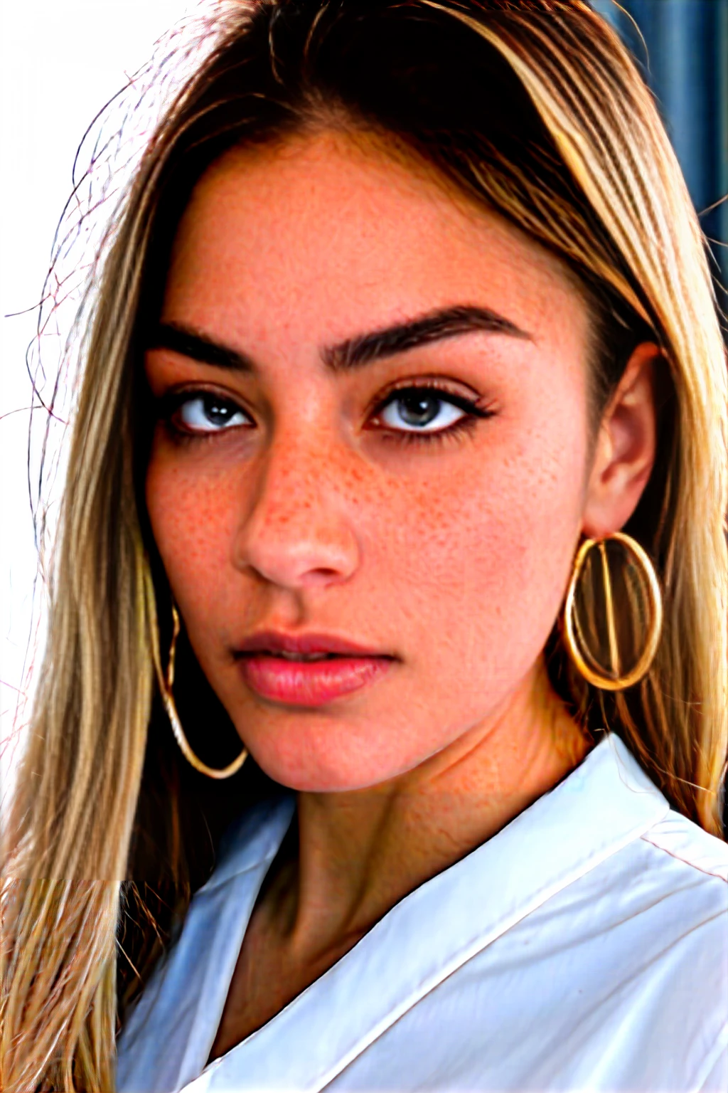 A young 19-year-old woman named Lila Nakamura with a Northern European heritage. She has thick dark black eyeliner, glossy lips, and a cute, endearing expression. She has straight, blonde hair with blonde highlights that falls just past her shoulders, styled in a neat and polished manner. Her eyes are almond-shaped with a light, striking blue color, accentuated by subtle eyeshadow and mascara. Her skin has a light tone with a natural, fresh look, and she has a few delicate freckles across her nose. She is wearing a simple, professional outfit, consisting of a white blouse and dark jeans, and accessorized with small gold hoop earrings. The background is a neutral studio setting with soft lighting to highlight her features.