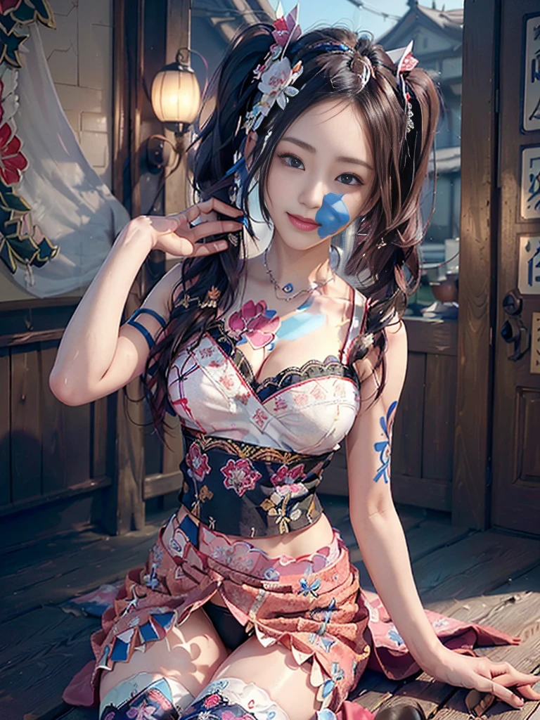 (Full Body View:1.5)、(squat:1.3)、(Beautiful lips and cheeks:1.4)、(Prostitute:1.4)、(Smiling with teeth showing:1.3),(Shibuya Gal:1.5)、(Gothic ta vibe:1.5)、(White, red, magenta, and blue miniskirt courtesan kimono showing cleavage:1.5)、(New Year:1.4)、(Luxury hair ornaments/hairpin:1.5)、(Short kimono:1.3)、(Make-up like a maiko:1.5)、(Bewitching Woman:1.3)、(Dense kimono:1.4)、(Wearing flashy knee socks:1.2)、(The underwear has an embroidered pattern:1.4)、40 years old、(Dance vigorously:1.3)、((Highest quality、8k、masterpiece:1.3))、1 Female、Slim and beautiful abs:1.3、(hairstyle casual、Beautiful boobs:1.1)、dress:1.1、Super small face、Narrow eyes、double eyelid、A sloppy smile、Esbian all over、Dynamic Angle、Close-up、CPL Filter、Blurred Background、Bokeh、Blue Hour、Detailed face and skin texture、Detailed eyes、double eyelid,(Twin tails:1.3)、(Black-brown hair:1.3)、Gravure idol、(The background is a gorgeous Meiji-era town:1.3)、(Thin body:1.2),(Thin thighs:1.5),(clavicle:1.1)
