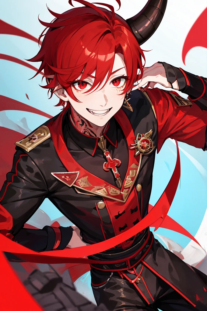 Young man, man, short red hair, Japanese cut, close-up portrait, psychotic, crazy smile, bright eyes, red eyes, devil, hornes, red complexion, schoolboy outfit, cross earring, black piercing, tattoo, tight outfit, long eyelashes, freckle.