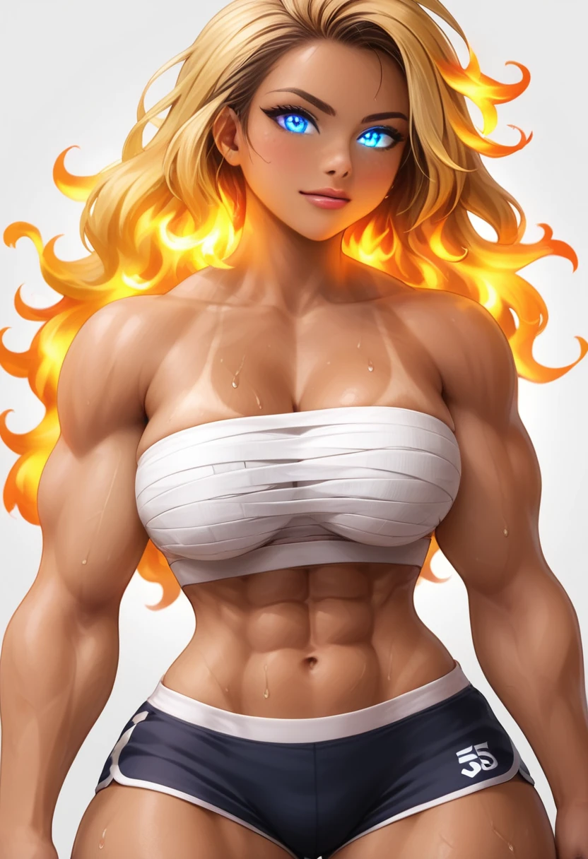 Prompt 

detailed illustration, (front view), (side view),dynamic angle, ultra-detailed, illustration, clean line art, shading, anime, detailed eyes, detailed face, beautiful face, dramatic lighting, detailed illustration, dynamic angle, ultra-detailed, illustration, single woman 

Fit, toned abs, ((volleyball shorts)), ((fundoshi breast wrap)), volleyball player, big round ass, big tits, caramel tan skin, dark skin tone, wide hips, narrow waist, thunder thighs, (blazing blonde hair), (glowing eyes), glowing sclera, muay thai wraps, small strong biceps, sweat, ((bandaged breasts)), flaming hair, hair is fire, flames rolling down skin, clothes catching on fire, embers, sweats fire, sweat is fire, tan lines, Hispanic, Latina 