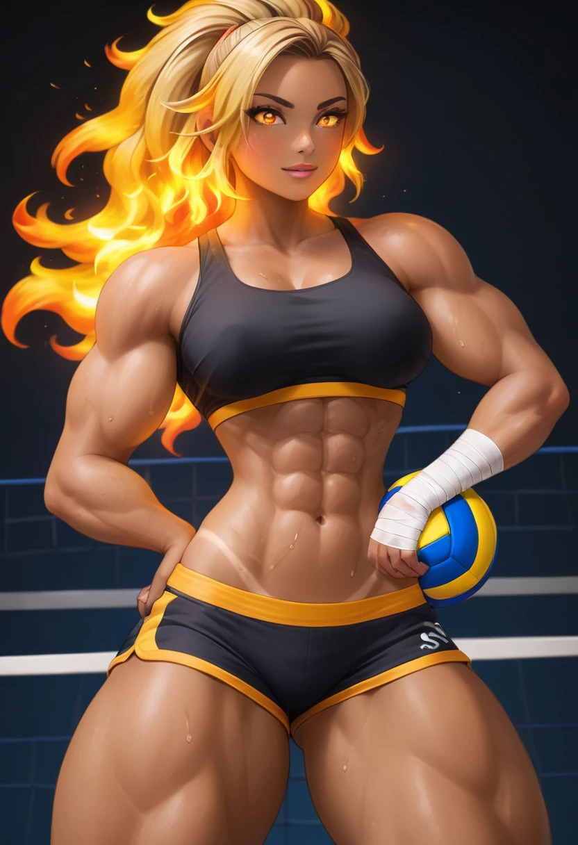 Prompt
detailed illustration, (front view), (side view),dynamic angle, ultra-detailed, illustration, clean line art, shading, anime, detailed eyes, detailed face, beautiful face, dramatic lighting, detailed illustration, dynamic angle, ultra-detailed, illustration, single woman
Fit, toned abs, ((volleyball shorts)), ((fundoshi breast wrap)), volleyball player, big round ass, big tits, caramel tan skin, dark skin tone, wide hips, narrow waist, thunder thighs, (blazing blonde hair), (glowing eyes), glowing sclera, muay thai wraps, small strong biceps, sweat, ((bandaged breasts)), flaming hair, hair is fire, flames rolling down skin, clothes catching on fire, embers, sweats fire, sweat is fire, tan lines, Hispanic, Latina