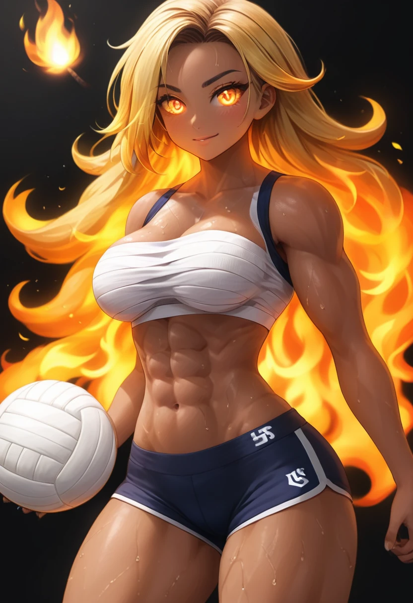 Prompt
detailed illustration, (front view), (side view),dynamic angle, ultra-detailed, illustration, clean line art, shading, anime, detailed eyes, detailed face, beautiful face, dramatic lighting, detailed illustration, dynamic angle, ultra-detailed, illustration, single woman
Fit, toned abs, ((volleyball shorts)), ((fundoshi breast wrap)), volleyball player, big round ass, big tits, caramel tan skin, dark skin tone, wide hips, narrow waist, thunder thighs, (blazing blonde hair), (glowing eyes), glowing sclera, muay thai wraps, small strong biceps, sweat, ((bandaged breasts)), flaming hair, hair is fire, flames rolling down skin, clothes catching on fire, embers, sweats fire, sweat is fire, tan lines, Hispanic, Latina