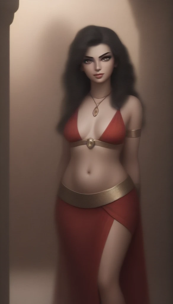 Femme de 30 ans, égyptienne, corps généreux , a l'Égypte antique, avec une très forte poitrine, a la peau de serpent, dans un temple égyptien, porte une robe rouge et maron couleur sable, moule le corps, vêtements transparent, femme avec de long cheveux raide noirs orné de nombreux bijoux, la femme est très enceinte de serpent, sa poitrine est gonflé de lait, la femme a des crochets de serpent visible lorsqu'elle sourit, la femme a des yeux doré a pupilles reptilienne, la femme et une femme serpent