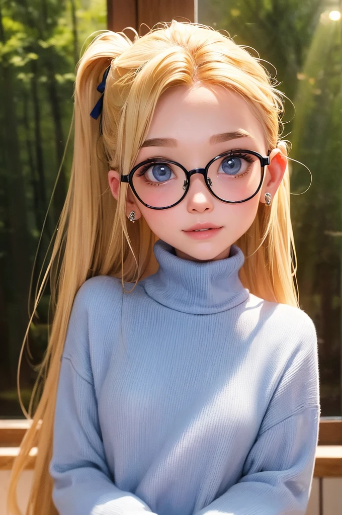 A girl, 20 years, with very long blonde hair, with two ponytails, blue eyes, round face, small nose, small mouth, thick lips, Small ears, dressed in a blue turtleneck sweater, with a plaid skirt, with red ribbons in her hair, in a house in the forest, with crystal rose earrings in her ears, with round glasses, smiley, Ray Tracing, glowing light, god rays, cinematic lighting, depth of field, Close-up, Reflection light, 16k, 8k, highres, best quality, award winning, high details, high quality, super detail, textured skin, anatomically correct, masterpiece