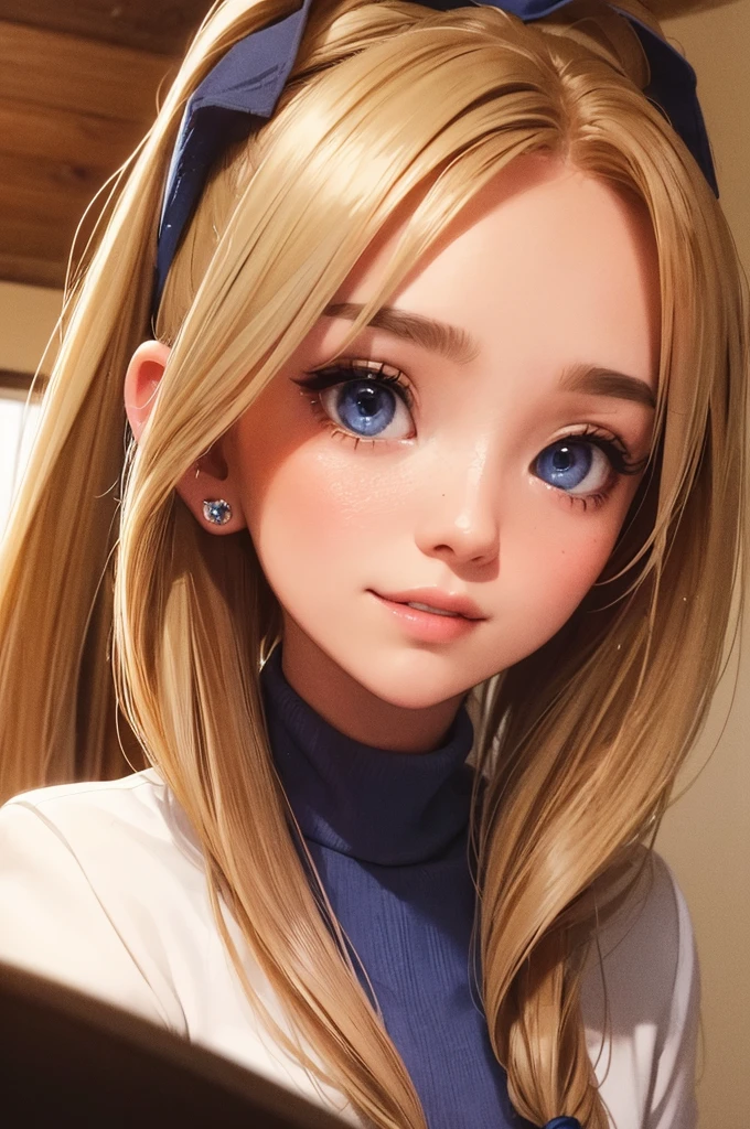 A girl, 20 years, with very long blonde hair, with two ponytails, blue eyes, round face, small nose, small mouth, thick lips, Small ears, dressed in a blue turtleneck sweater, with a plaid skirt, with red ribbons in her hair, in a house in the forest, with crystal rose earrings in her ears, with round glasses, smiley, Ray Tracing, glowing light, god rays, cinematic lighting, depth of field, Close-up, Reflection light, 16k, 8k, highres, best quality, award winning, high details, high quality, super detail, textured skin, anatomically correct, masterpiece