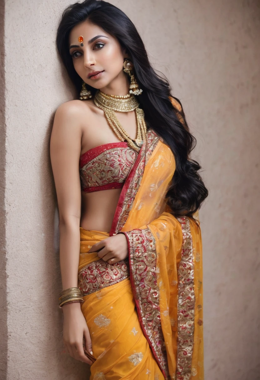 a woman in a sari posing for a picture, indian goddess, traditional beauty, indian, beautiful goddess, ornate cosplay, indian style, indian super model, beautiful maiden, gorgeous woman, south east asian with long, provocative indian, gorgeous beautiful woman, intricate outfit, hindu aesthetic, beautiful asian girl, extremely detailed goddess shot, jaw-dropping beauty, big  deep cleavage sexy navel, big  deep cleavage, sexy indian women, massive  in sexy bikni fusion full body