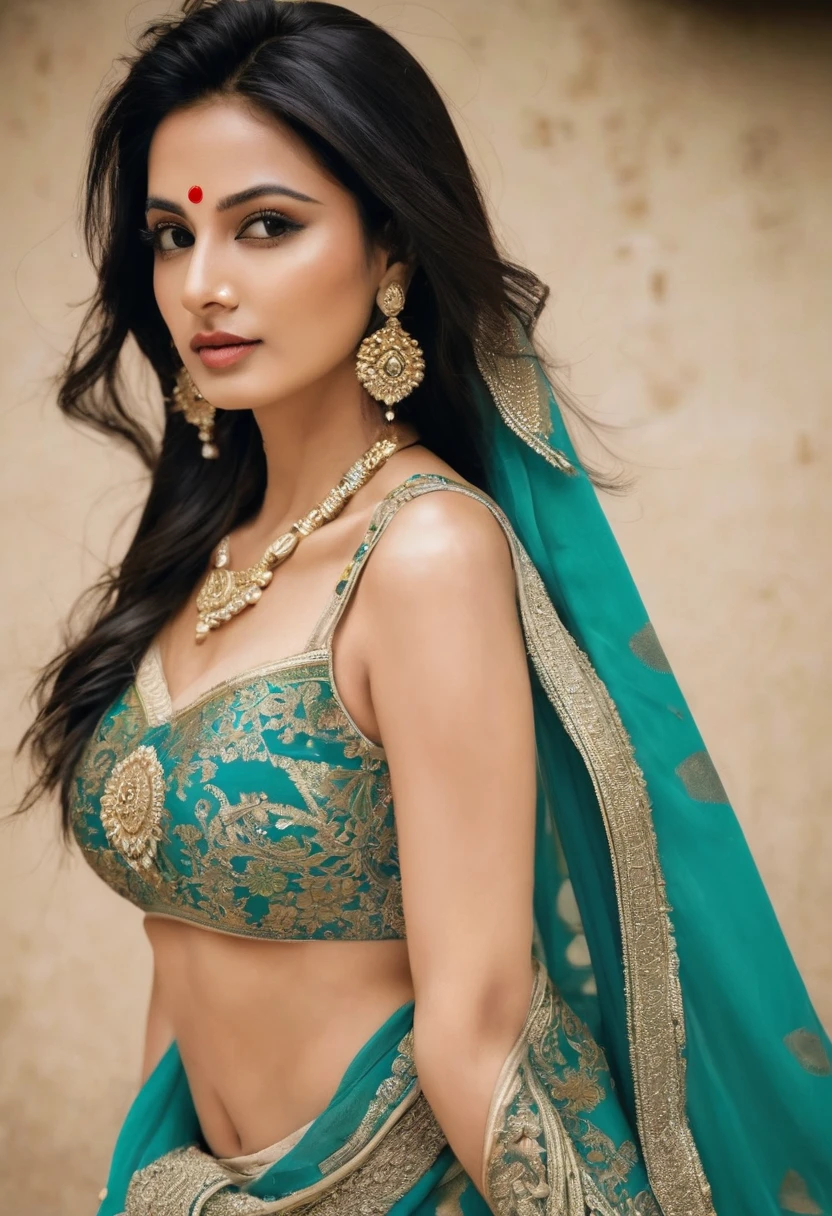 a woman in a sari posing for a picture, indian goddess, traditional beauty, indian, beautiful goddess, ornate cosplay, indian style, indian super model, beautiful maiden, gorgeous woman, south east asian with long, provocative indian, gorgeous beautiful woman, intricate outfit, hindu aesthetic, beautiful asian girl, extremely detailed goddess shot, jaw-dropping beauty, big deep cleavage sexy navel, big deep cleavage, sexy indian women, massive in sexy bikni fusion full body