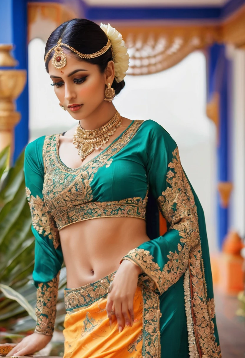 a woman in a sari posing for a picture, indian goddess, traditional beauty, indian, beautiful goddess, ornate cosplay, indian style, indian super model, beautiful maiden, gorgeous woman, south east asian with long, provocative indian, gorgeous beautiful woman, intricate outfit, hindu aesthetic, beautiful asian girl, extremely detailed goddess shot, jaw-dropping beauty, big deep cleavage sexy navel, big deep cleavage, sexy indian women, massive in sexy bikni fusion full body
