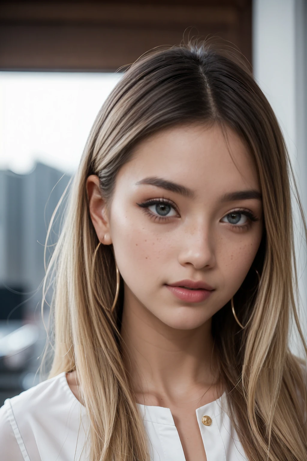 A young 19-year-old woman named Lila Nakamura with a Northern European heritage. She has thick dark black eyeliner, glossy lips, and a cute, endearing expression. She has straight, blonde hair with blonde highlights that falls just past her shoulders, styled in a neat and polished manner. Her eyes are almond-shaped with a light, striking blue color, accentuated by subtle eyeshadow and mascara. Her skin has a light tone with a natural, fresh look, and she has a few delicate freckles across her nose. She is wearing a simple, professional outfit, consisting of a white blouse and dark jeans, and accessorized with small gold hoop earrings. The background is a neutral studio setting with soft lighting to highlight her features.