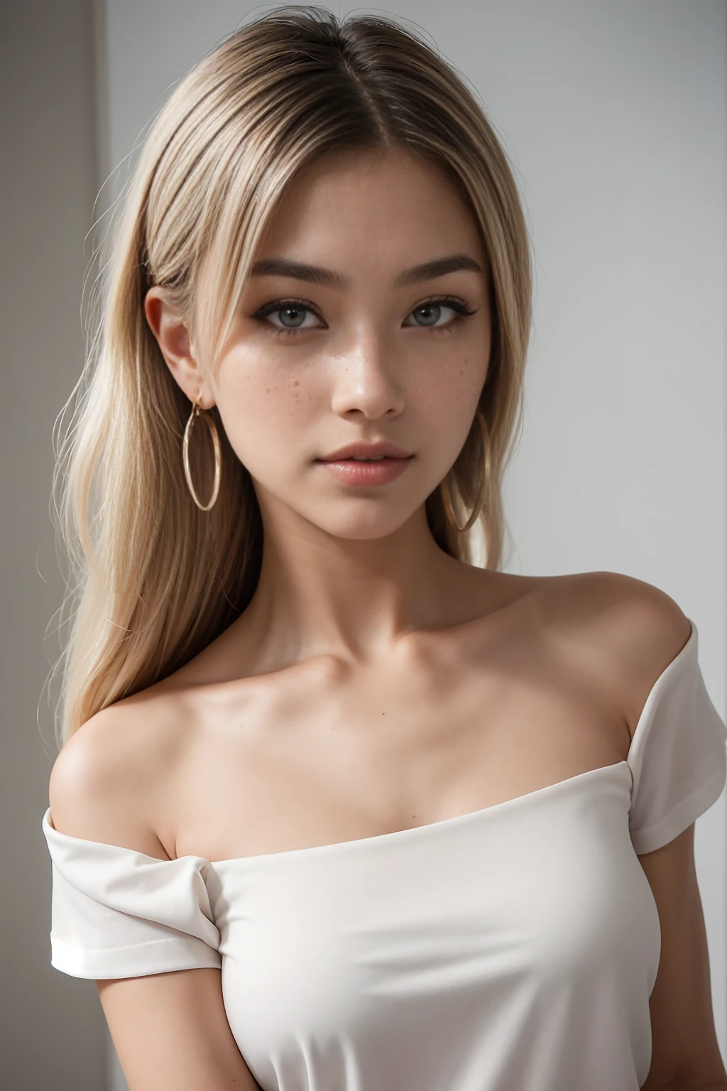 A young 19-year-old woman named Lila Nakamura with a Northern European heritage. She has thick dark black eyeliner, glossy lips, and a cute, endearing expression. She has straight, blonde hair with blonde highlights that falls just past her shoulders, styled in a neat and polished manner. Her eyes are almond-shaped with a light, striking blue color, accentuated by subtle eyeshadow and mascara. Her skin has a light tone with a natural, fresh look, and she has a few delicate freckles across her nose. She is wearing a simple, professional outfit, consisting of a white blouse and dark jeans, and accessorized with small gold hoop earrings. The background is a neutral studio setting with soft lighting to highlight her features.
