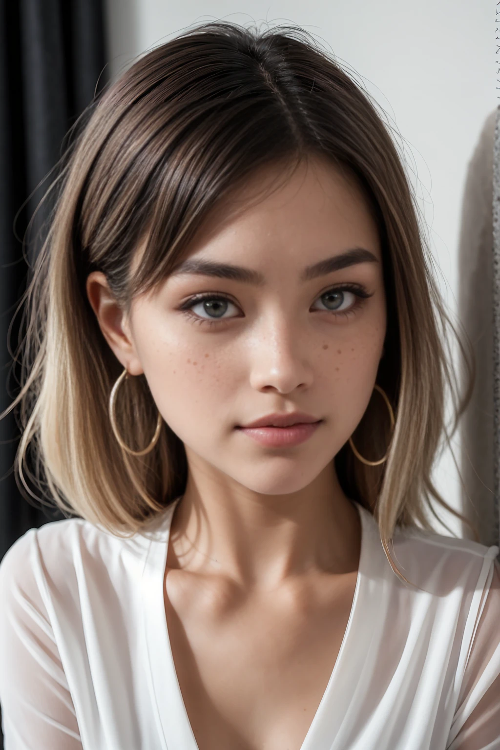 A young 19-year-old woman named Lila Nakamura with a Northern European heritage. She has thick dark black eyeliner, glossy lips, and a cute, endearing expression. She has straight, blonde hair with blonde highlights that falls just past her shoulders, styled in a neat and polished manner. Her eyes are almond-shaped with a light, striking blue color, accentuated by subtle eyeshadow and mascara. Her skin has a light tone with a natural, fresh look, and she has a few delicate freckles across her nose. She is wearing a simple, professional outfit, consisting of a white blouse and dark jeans, and accessorized with small gold hoop earrings. The background is a neutral studio setting with soft lighting to highlight her features.
