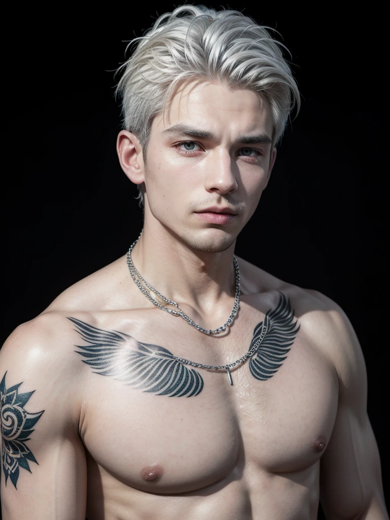 Shirtless man with old school style tattoos, he has white hair and a silver chain around his neck 