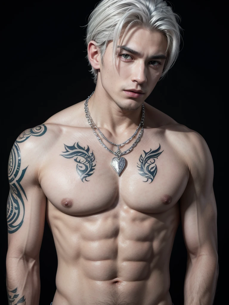 Shirtless man with old school style tattoos, he has white hair and a silver chain around his neck