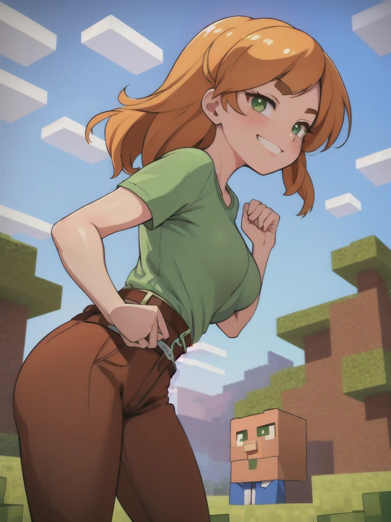 (masterpiece, best quality, ultra HD anime quality, super high resolution, 1980s / (style), anatomically correct, perfect anatomy), (side view, from below), looking into the camera, minecraft,
(alex), one girl, realistic,
orange_hair, facial_hair, l_hair, green_eyes, blush, smiling, chest, hands_on_hands, hands_on_hips, belt, green_shirt, brown_pants, boots, shirt, alex, shesho, clouds, day, sky, blue_sky,