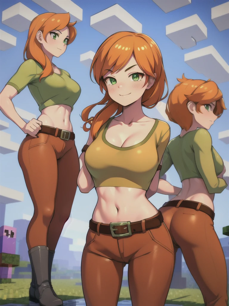 (masterpiece, best quality, ultra HD anime quality, super high resolution, 1980s / (style), anatomically correct, perfect anatomy), (side view, from below), looking into the camera, minecraft,
(alex), one girl, realistic,
orange_hair, facial_hair, l_hair, green_eyes, blush, smiling, chest, hands_on_hands, hands_on_hips, belt, green_shirt, brown_pants, boots, shirt, alex, shesho, clouds, day, sky, blue_sky,