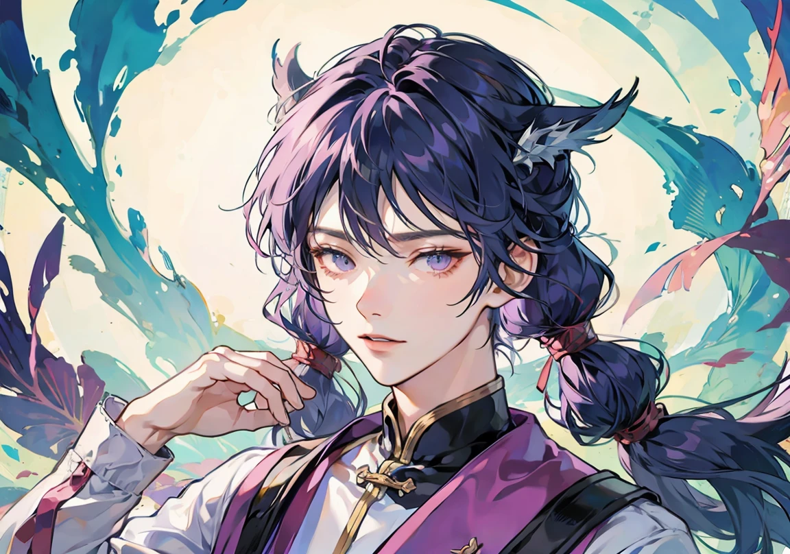 Chinese male mermaid drawn in anime style, Comes with beautiful little aqua ear fins, Purple eyes, Purple long hair, Head down, Embarrassed look, Top View