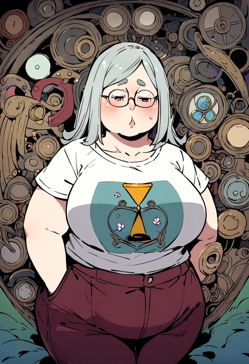 a chubby-cheeked 40-year-old woman, wearing a t-shirt and pants, looking sadly at an hourglass