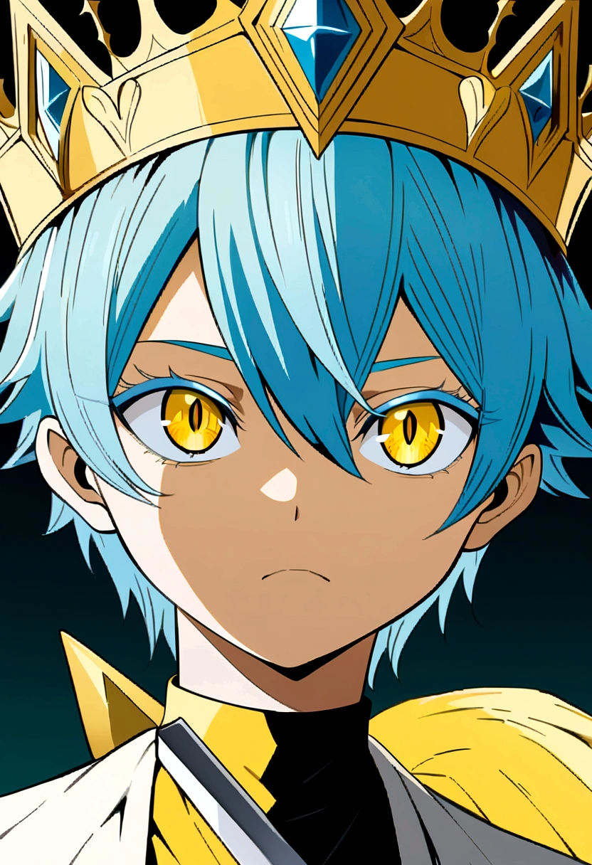 shota, light blue hair, thick light blue eyelashes, golden yellow eyes, super detailed pupil, anime style, fanart ,illustration, yellow pupil, cat eye, dakr teal black and yellow palette, crown, album, bleach style character, high definition, detailed, sword,