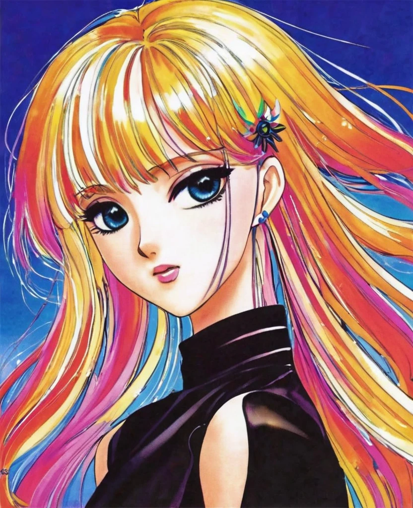 "Create an anime character design for a unique and interesting girl. She should have distinctive features like colorful hair, unconventional clothing that blends modern and fantasy elements, and accessories that hint at her adventurous spirit. Place her in a dynamic setting that complements her vibrant personality."
