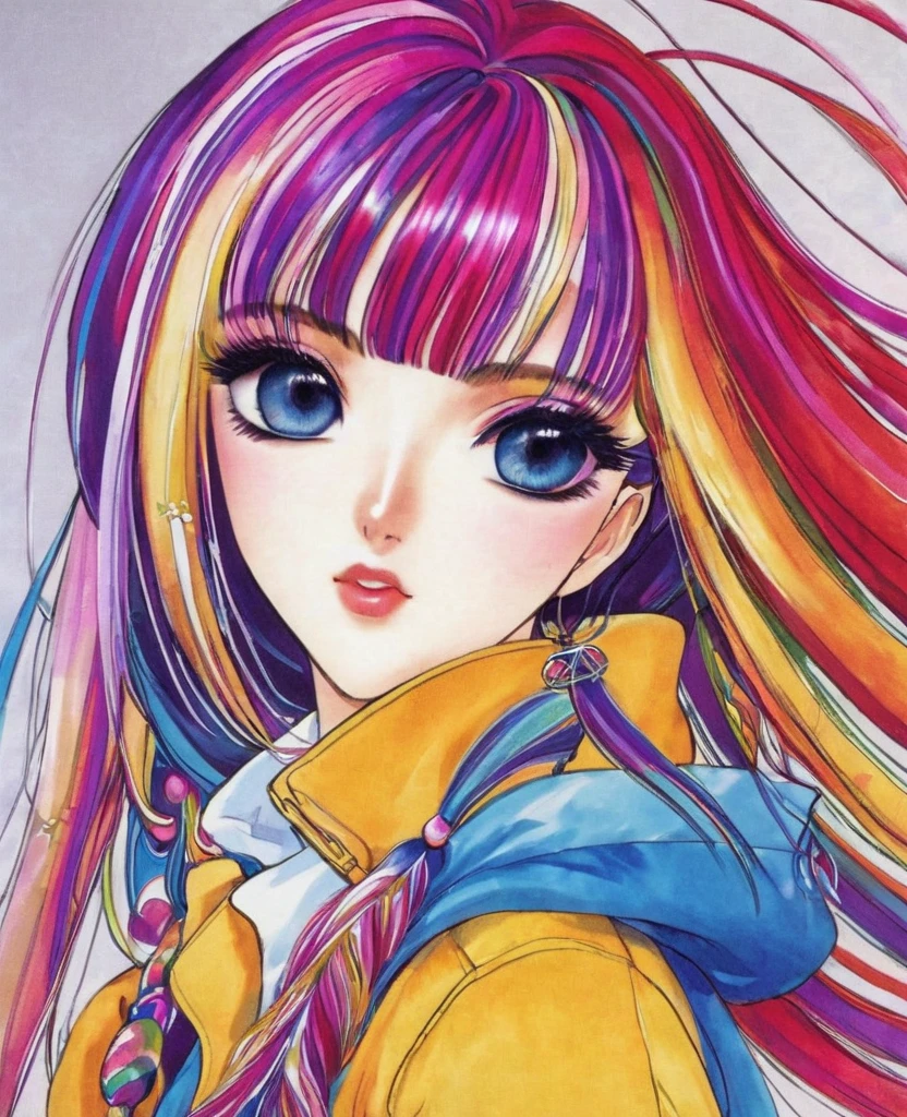 "Create an anime character design for a unique and interesting girl. She should have distinctive features like colorful hair, unconventional clothing that blends modern and fantasy elements, and accessories that hint at her adventurous spirit. Place her in a dynamic setting that complements her vibrant personality."