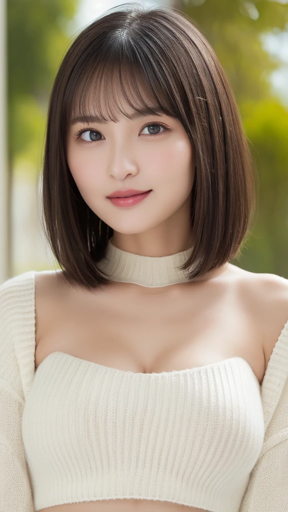 Tabletop, highest quality, Photorealistic, finely, High resolution, 8k wallpaper, Perfect dynamic composition, Beautiful and beautiful eyes, short Hair with bangs, Big and ample breasts, Random sexy poses,Chest to Chest、(Open Chest Mock Neck Crop Tank Top White Knitwear Clear Crabbe)、(Breast Swelling 1.2)、Laughter、Open your mouth、Resort scenery、Age 25、(Droopy Eyes 1.4)、Adult Beauty、Japanese