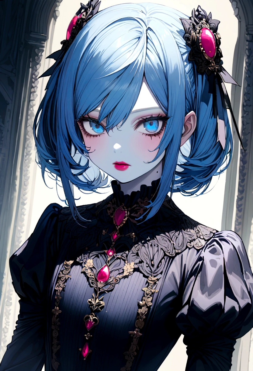 Ciel Phantomhive's twin sister. A girl with pale blue hair, blue eyes, pale skin, a mole on the cheekbone near the right eye, pink cheeks, reddish lips, of short stature and thin figure