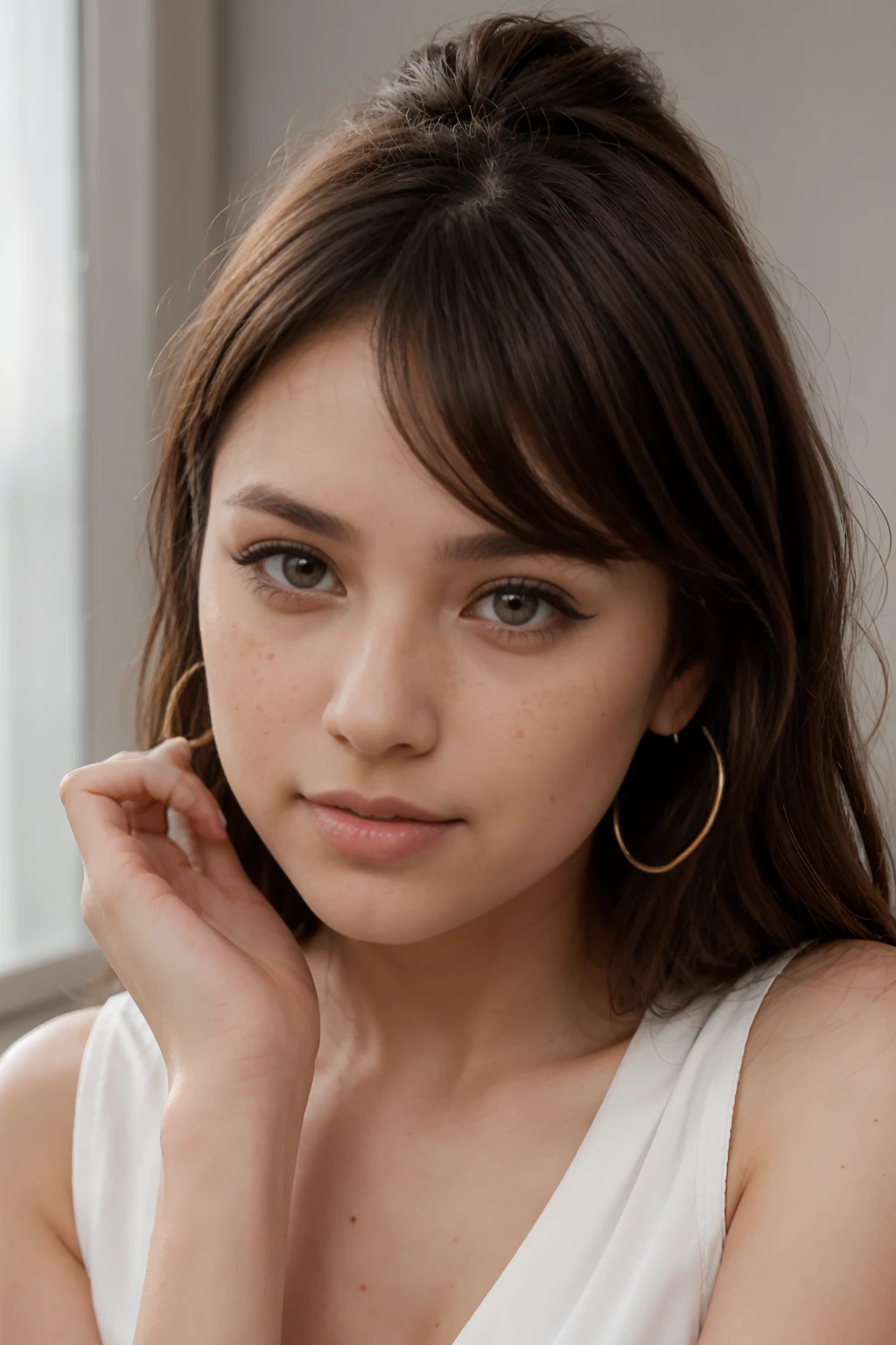 A young 19-year-old woman named Lila Nakamura with a Northern European heritage. She has thick dark black eyeliner, glossy lips, and a cute, endearing expression. She has straight, blonde hair with blonde highlights that falls just past her shoulders, styled in a neat and polished manner. Her eyes are almond-shaped with a light, striking blue color, accentuated by subtle eyeshadow and mascara. Her skin has a light tone with a natural, fresh look, and she has a few delicate freckles across her nose. She is wearing a simple, professional outfit, consisting of a white blouse and dark jeans, and accessorized with small gold hoop earrings. The background is a neutral studio setting with soft lighting to highlight her features.

