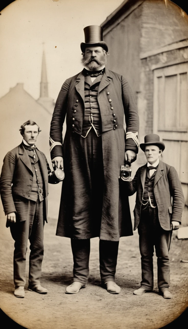 Old souvenir photo: Very large man, 40 feet long standing next to 1 people and taking photos. The photo was taken in 1818