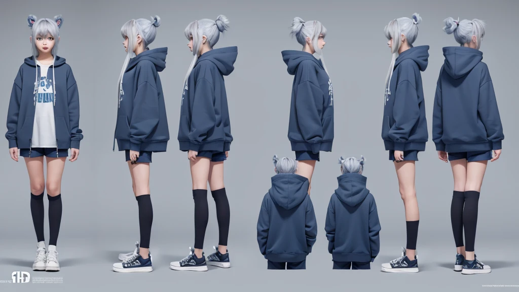 Character design sheet、girl、Short ponyte、Oversized hoodie、Shorts、Gray Hair、Blue inner color, Conceptual art, best quality, highres, 8k, UHD
