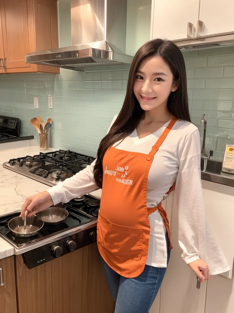 Gentle and virtuous China、Singapore、Japan、Pregnant women,Super Beauty、Long hair、Taking a photo next to the range hood in the kitchen,Wearing an orange apron,The apron has the eye-catching Chinese characters "小丌",Wear a V-neck long-sleeved T-shirt inside,Holding up the spatula,Gas stove cooking,Beautiful woman showing charming smile、White Teeth,Make women and men look like they like this person very much,Especially in line with the traditional aesthetics of the Chinese、Big breasts、Double eyelids,Focus、Ultra high definition,Proportionate body,Fair skin,Perfect shape of every body part,Elegant posture、Requires perfection in work、No flaws,
