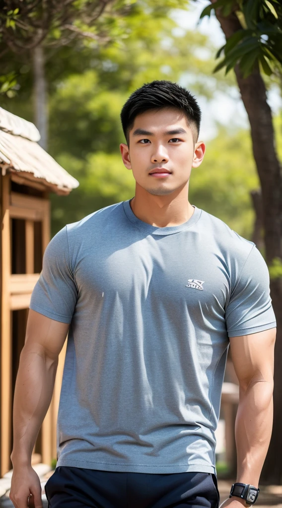 ((Highest quality, 8K, Masterpiece:1.3)),Thailand Laos Burma Asia,Thai man buzz haircut,A handsome Asian sport  short hair,a muscular beard,and big muscles.,１A man who has,yo,Good appearance,Beautiful nose,Detailed eyes and face,beautiful light,(studio),high resolution,(Look at the viewer.),Fine mouth,whole body:1.5,perfect shape:1.3,Picture of both shoulders:1.3,(t-shirt:1.2),black cargo pants,wristband,landscape,(The background is  Bokeh:1.2),on the sea,(fur-trimmed_jacket:1.2),