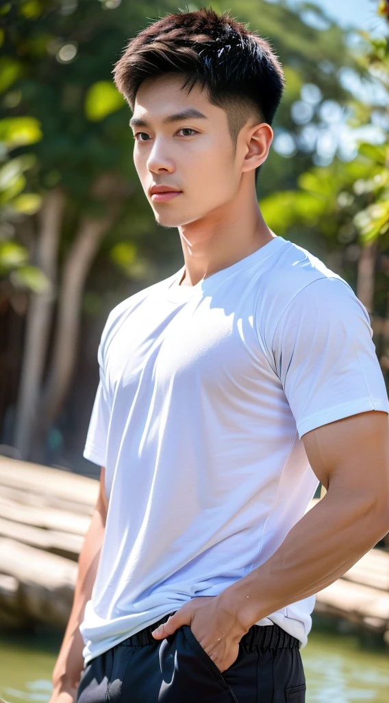 ((Highest quality, 8K, Masterpiece:1.3)),Thailand Laos Burma Asia,Thai man buzz haircut,A handsome Asian sport  short hair,a muscular beard,and big muscles.,１A man who has,yo,Good appearance,Beautiful nose,Detailed eyes and face,beautiful light,(studio),high resolution,(Look at the viewer.),Fine mouth,whole body:1.5,perfect shape:1.3,Picture of both shoulders:1.3,(t-shirt:1.2),black cargo pants,wristband,landscape,(The background is  Bokeh:1.2),on the sea,(fur-trimmed_jacket:1.2),