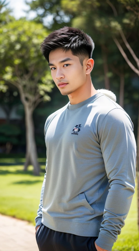 ((Highest quality, 8K, Masterpiece:1.3)),Thailand Laos Burma Asia,Thai man buzz haircut,A handsome Asian sport short hair,a muscular beard,and big muscles.,1A man who has,yo,Good appearance,Beautiful nose,Detailed eyes and face,beautiful light,(studio),high resolution,(Look at the viewer.),Fine mouth,whole body:1.5,perfect shape:1.3,Picture of both shoulders:1.3,(t-shirt:1.2),black cargo pants,wristband,landscape,(The background is Bokeh:1.2),on the sea,(fur-trimmed_jacket:1.2),