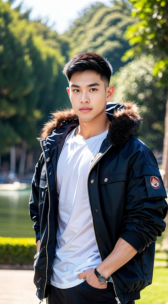 ((Highest quality, 8K, Masterpiece:1.3)),Thailand Laos Burma Asia,Thai man buzz haircut,A handsome Asian sport short hair,a muscular beard,and big muscles.,1A man who has,yo,Good appearance,Beautiful nose,Detailed eyes and face,beautiful light,(studio),high resolution,(Look at the viewer.),Fine mouth,whole body:1.5,perfect shape:1.3,Picture of both shoulders:1.3,(t-shirt:1.2),black cargo pants,wristband,landscape,(The background is Bokeh:1.2),on the sea,(fur-trimmed_jacket:1.2),