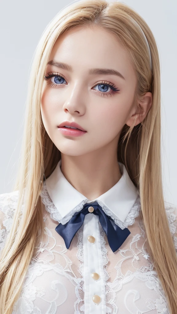 (((Lace collared dress、White background、Cowboy Shot、forehead)))、forehead、Northern Europe、Russia、beautiful girl、Platinum Blonde Hair、Straight long hair、Big blue eyes、Northern Europeの若者、Glowing Skin、Young and beautiful skin、A perfect and beautiful little face、Bright makeup、Pale pink lips、Bright expression、lipstick、Golden Hour Lighting、Movie Light、Intricate details、High resolution、 Detailed features of the face design、Big Breasts
