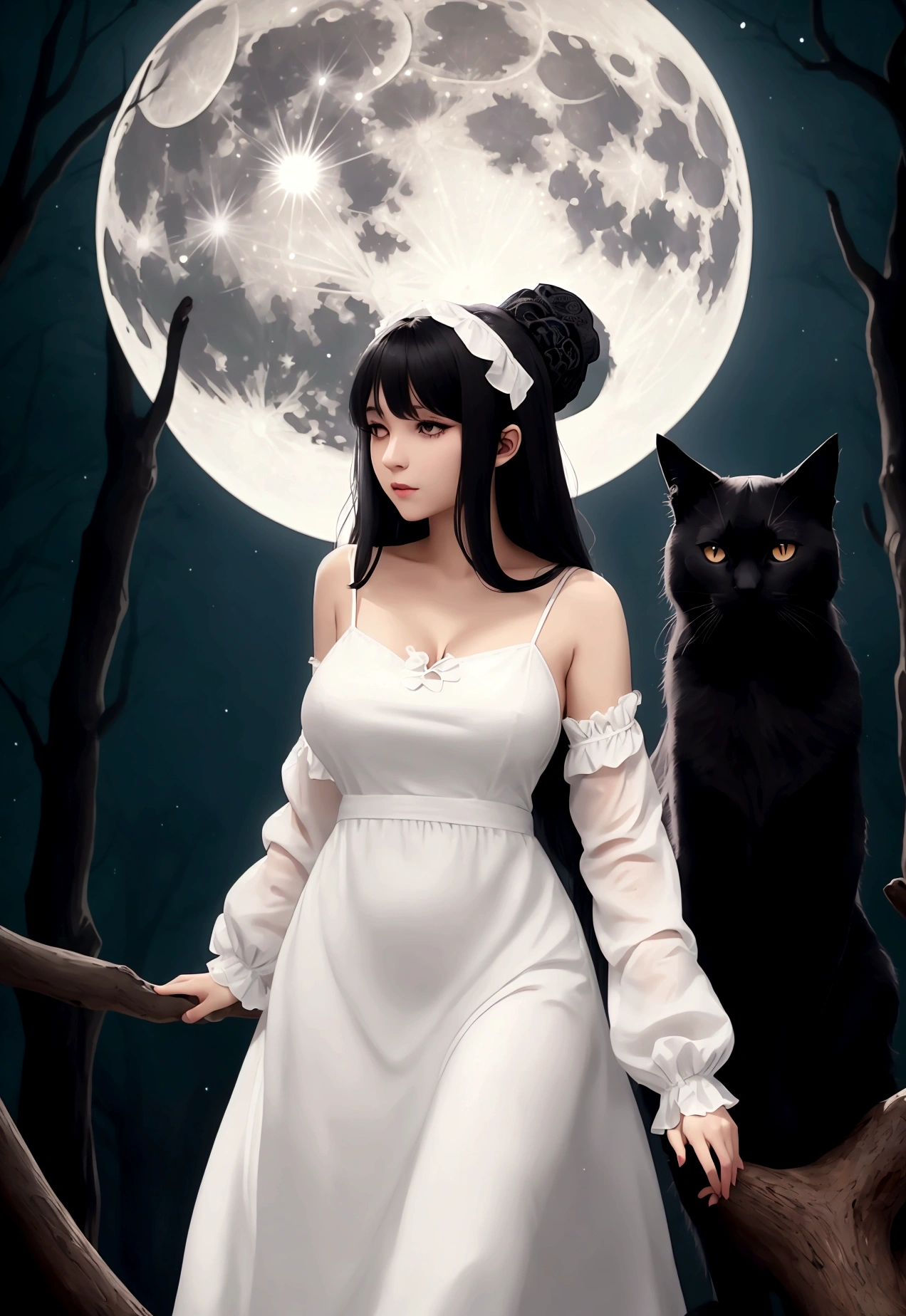 woman black cat breasts 95 b white linen dress forests night full moon